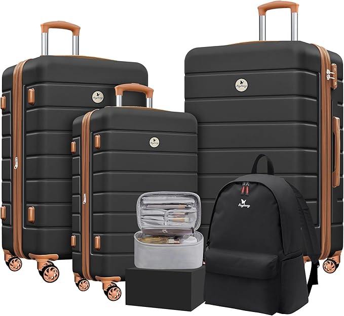 Classic Lightweight Hardside Expandable Spinner Wheels Luggage Suitcase W/TSA Lock 3-Piece Set with Backpack and Cosmetic Makeup Bag (5 Piece Set,Black Brown)