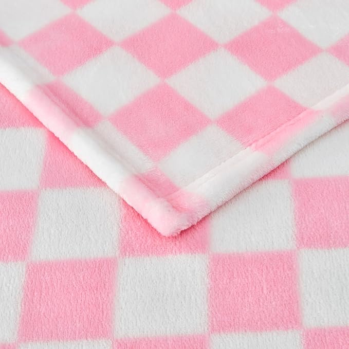 Pink Checkered Blanket, Ultra Soft Fleece Checkered Throw Blankets for Couch Bed and Travel, Luxury Throws for All Seasons, 60x80 Inch, Pink