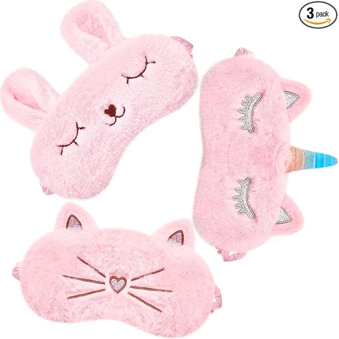 Geyoga Sleep Mask for Kids, Girls Plush Sleeping Eye Cover Soft Eye Blindfold Cover Animal Shade for Kids(Pink,Bunny, Cat and Unicorn Style)