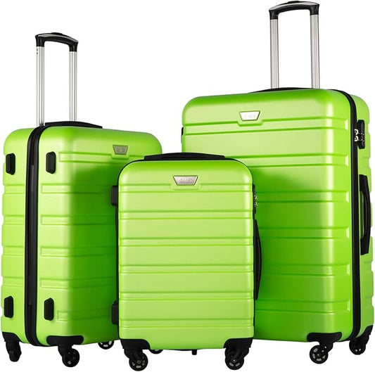 Coolife Luggage 3 Piece Set, Lightweight Durable Hardshell Suitcase set with 360° Spinner Wheels, TSA-approved Lock, Checked Family Travel Luggage sets, 20/24/28 Inch, Apple Green