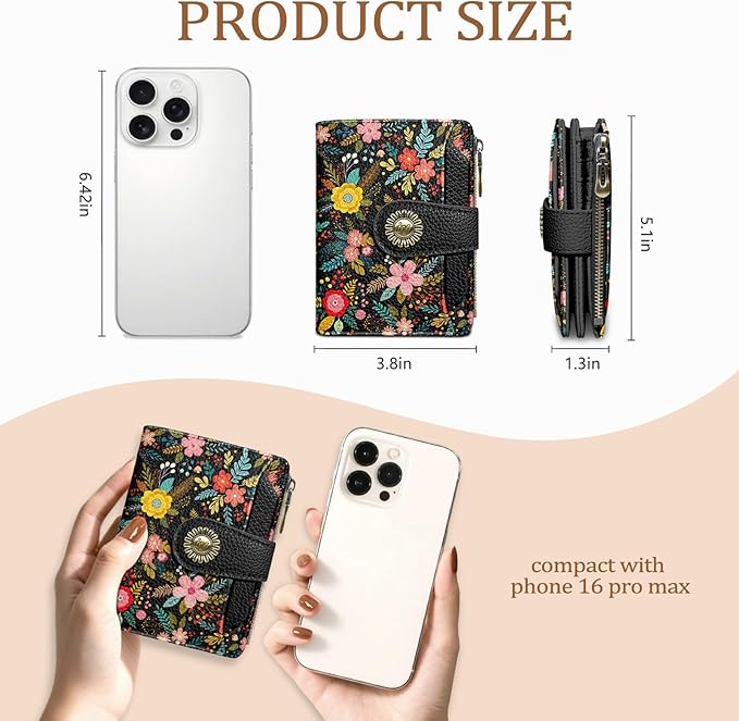 Icycay Floral Flowers Small Wallet Women RFID Blocking Bifold, Credit Card Holder, Zipper Coin Pocket, PU Leather, Compact, Travel, 4 ID Window, 14 Card Slots, Cash Purse, Ladies Woman Female Girls