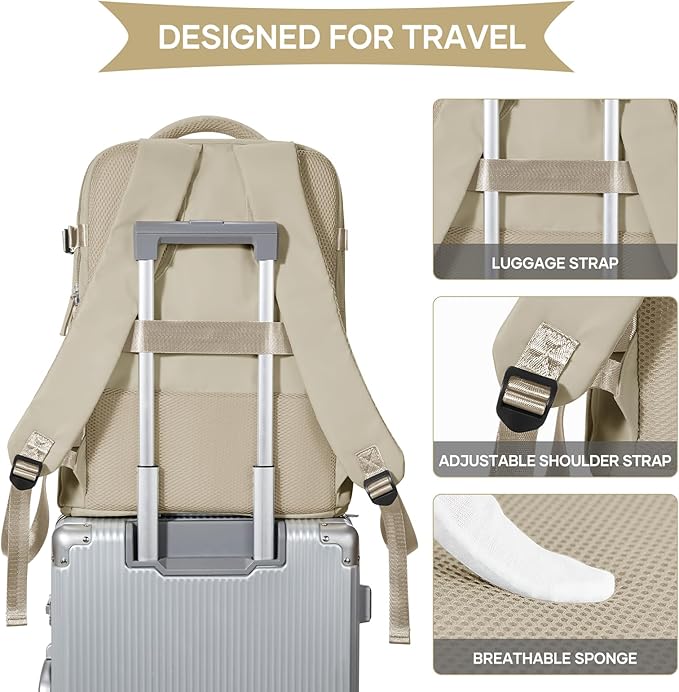 coowoz Large Travel Backpack For Women Men,Carry On Backpack Flight Approved,Hiking Backpack Waterproof Outdoor Rucksack Casual Daypack Fit 15.6 Inch Laptop Shoes Compartment (Khaki-L)