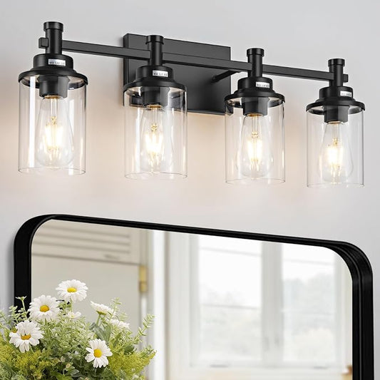 4-Light Bathroom Vanity Lights with Clear Glass Shades, Matte Black Over Mirror, Modern Wall Lamp for Mirror, Living Room, Bedroom
