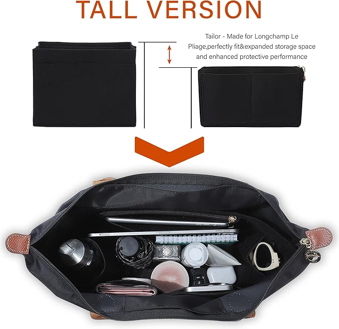 Premium Felt Purse Organizer Insert for Longchamp Le Pliage, Zipper Long Champ Bag Organizer Insert with Cup Holder, 9 Compartments