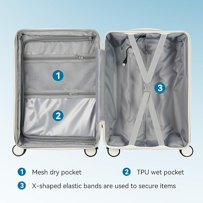 20 Inch Carry On Luggage with Spinner Wheels,PC Expandable Hard Shell Suitcase with USB Port,Lightweight Travel Luggage Airline Approved for Men Women (White)