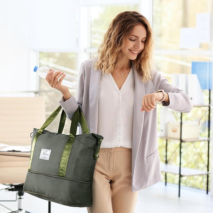 Travel Duffel Bag - Large Shoulder Weekender Overnight Bag, Carry on Bag with Wet Pocket, Waterproof Expandable Duffel Bag with Trolley Sleeve, Sports Tote Gym Bag for Women, Olive Green