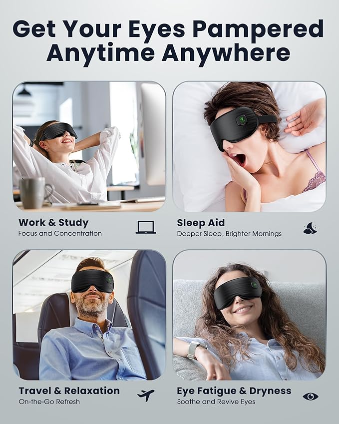 Heated Eye Mask - Cordless Eye Mask for Dry Eyes, Eye Relief, Improved Sleep, Washable Eye Heating pad for Travel and with Replaceable Shell (Black)