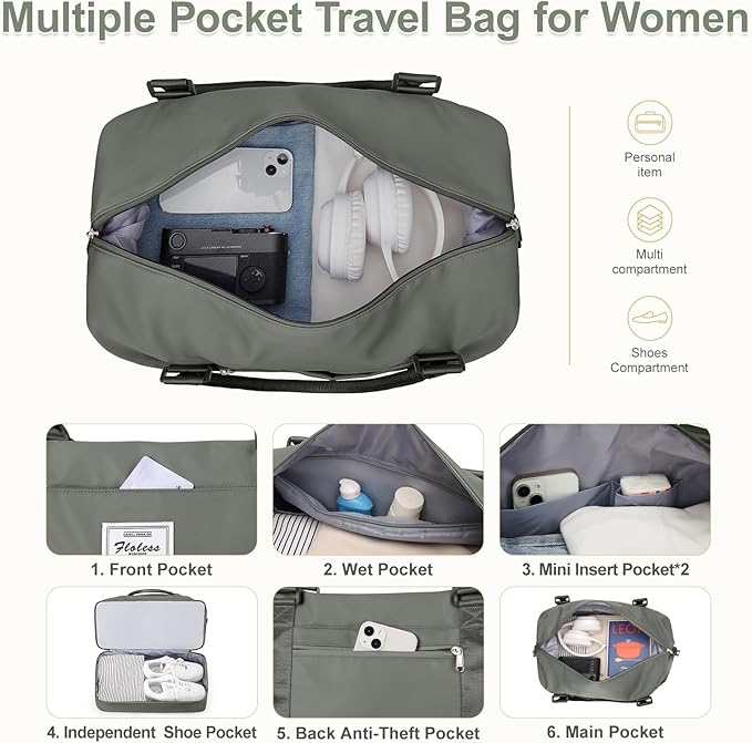 Large Weekender Bags for Women, Travel Duffel Bags with Shoe Compartment,Personal Item Travel Carry on Overnight bag for women Travel Set,Olive Green2