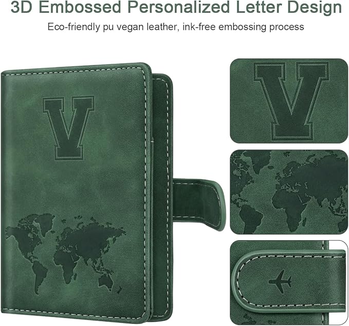 Personalized V Passport Holder Cover Initial Letter Travel Wallet RFID Blocking Passport Cover Credit Card Holder Case Passport Book Holders for Women and Men, Pine Green-V