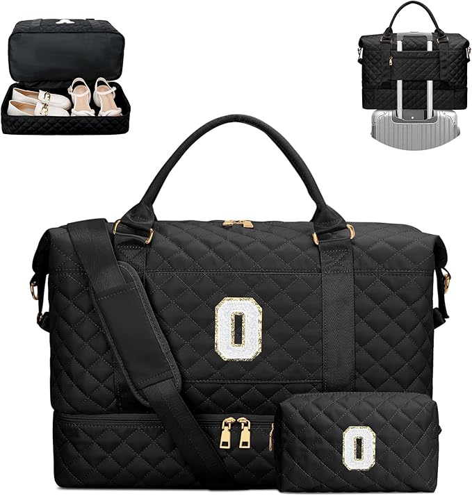 Gifts for Women Girls Birthday Initial Travel Duffle Bag Quilted Weekender Bags Carry-On Overnight with Make up Bag, Hospital Bag for Women Labor Delivery, Black O