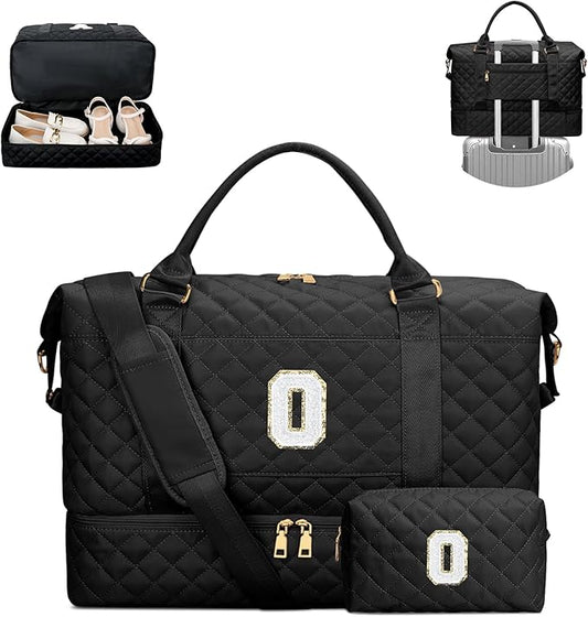 Gifts for Women Girls Birthday Initial Travel Duffle Bag Quilted Weekender Bags Carry-On Overnight with Make up Bag, Hospital Bag for Women Labor Delivery, Black O