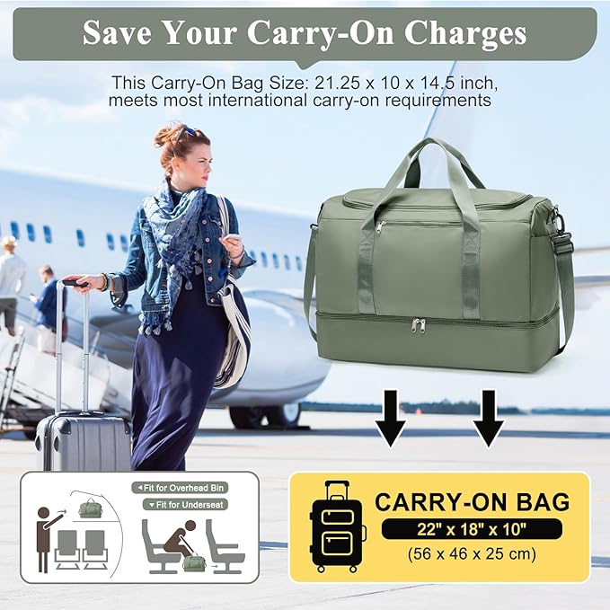 Extra Large Travel Duffle Bag,Carry on Overnight Weekend Bag with Shoes Compartment,Weekender Bags for Women for Travel Business Trips Sport Hospital,3 Pcs Set,Olive Green