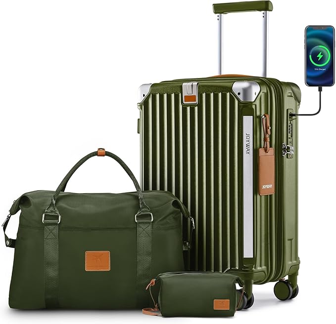 Joyway 20in Carry On Luggage with Cup Holder and USB Port, 25% Expandable Capacity, Smart Suitcase with Anti Slip Wheels and Handbag, Perfect for Men and Women 3 Piece Set DarkGreen