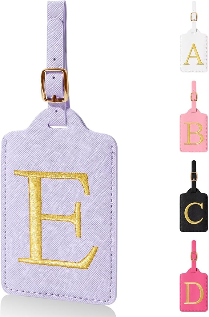 Personalized Initial Luggage Tags for Suitcases,Leather Letter Cute Luggage Tags with Privacy Name Card,Embroidered Monogrammed Travel Bag Backpack Tag Gifts for Women Kids Girls Teens(Purple-E)