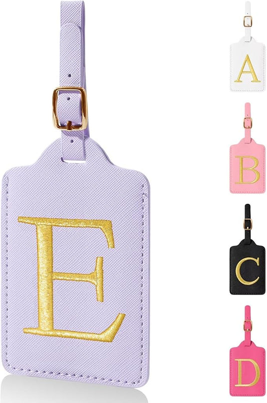 Personalized Initial Luggage Tags for Suitcases,Leather Letter Cute Luggage Tags with Privacy Name Card,Embroidered Monogrammed Travel Bag Backpack Tag Gifts for Women Kids Girls Teens(Purple-E)