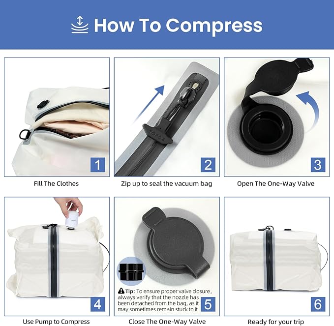 BAGAIL TPU Vacuum Bag for Travel, Reusable Compression Bag with IPX8 Waterproof Zipper, Save Space for Suitcase, Backpack and Carry on (Cream, Large, With Pump)
