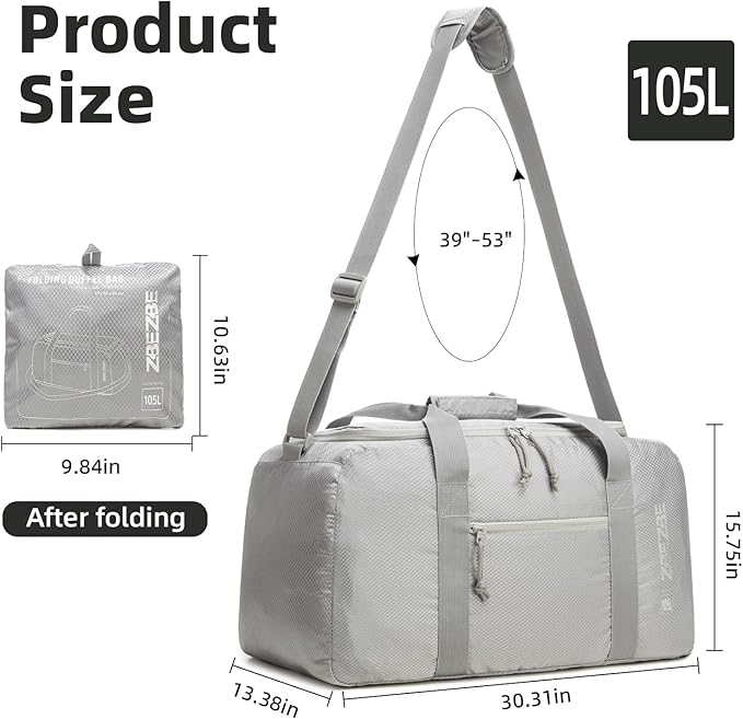 Foldable Travel Duffel Bag, Lightweight & Easy to Carry Water-Repellent Duffle Bag - 2-Way Zipper & Interior Pouch, Ideal for Weekend Trips, Daily Use,Camping，Sports