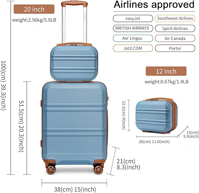 Kono Carry On Luggage Set Airline Approved Lightweight PC+ABS Carry On Suitcase with TSA Lock Spinner Wheels Durable Luggage Hardside Apricot Blue