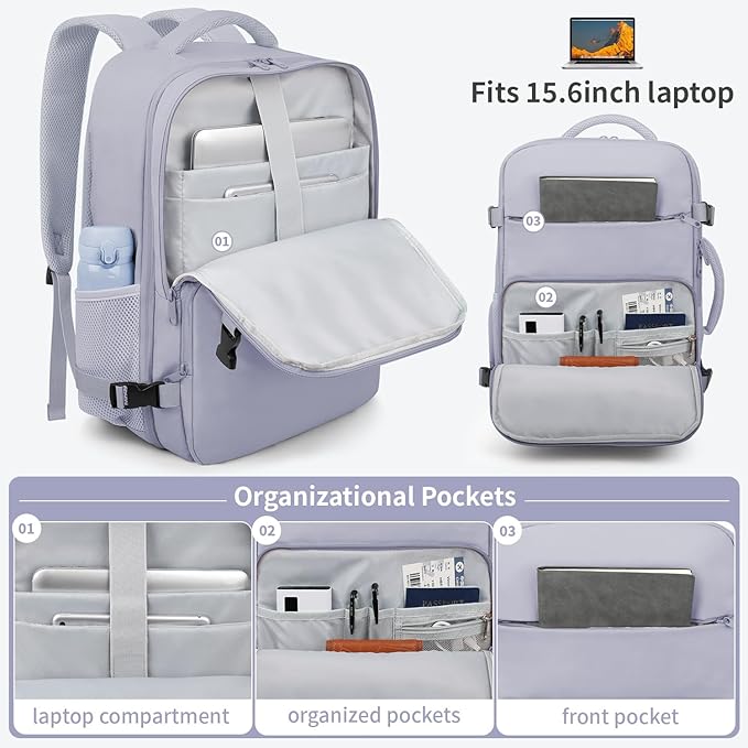 ZOMFELT Travel Backpack for Women Men, Carry On Backpack, TSA 15.6inch Laptop Backpack Flight Approved, Personal Item Travel Bag Nurse Bag Casual Daypack for School Weekender Business Trip, Purple