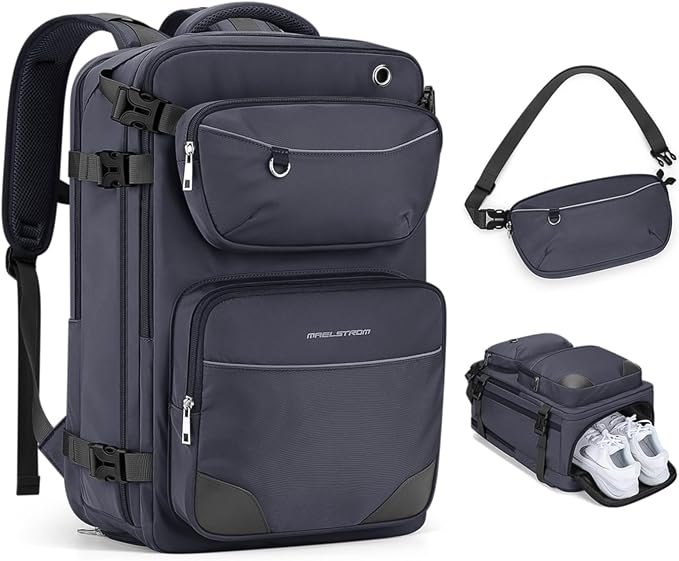 Maelstrom Travel Backpack for Men Women, 35L Carry on Backpack for Traveling on Airplane,with Belt Bag&Shoe Compartment,Waterproof Laptop Backpack fit 17”Laptop-Mystery Grey