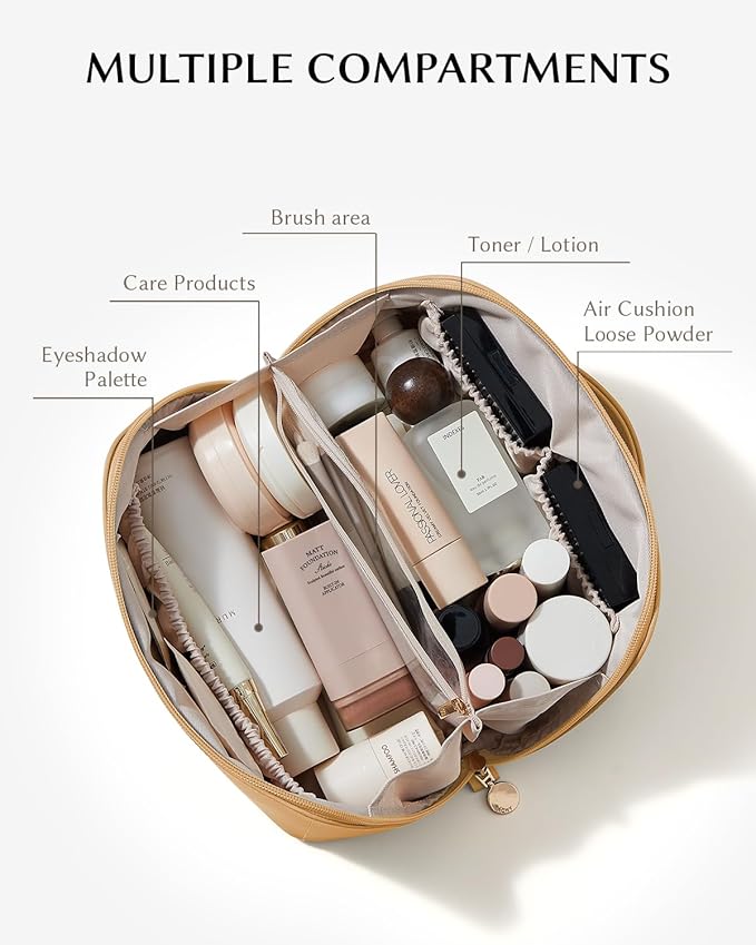 EACHY Travel Makeup Bag, Large Capacity Cosmetic Bag for Women, Waterproof PU Leather, Flat Open Portable Toiletry Bag for Skincare, Brushes & Travel Essentials