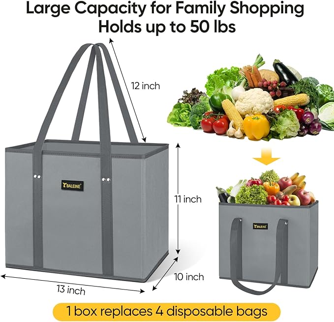 BALEINE 3Pk Reusable Grocery Bags, Foldable Shopping Bags for Groceries with Reinforced Bottom & Handles (Blue)