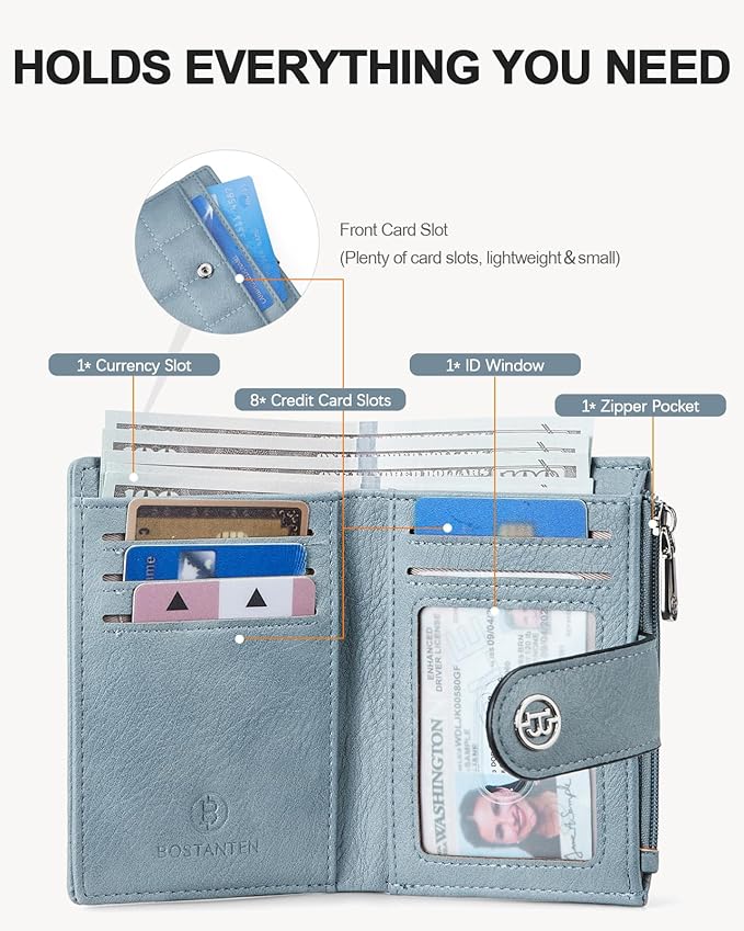 BOSTANTEN Small Wallet for Women Leather RFID Blocking Card Holder Bifold Compact Wallets With Zipper Coin Pocket Light Blue