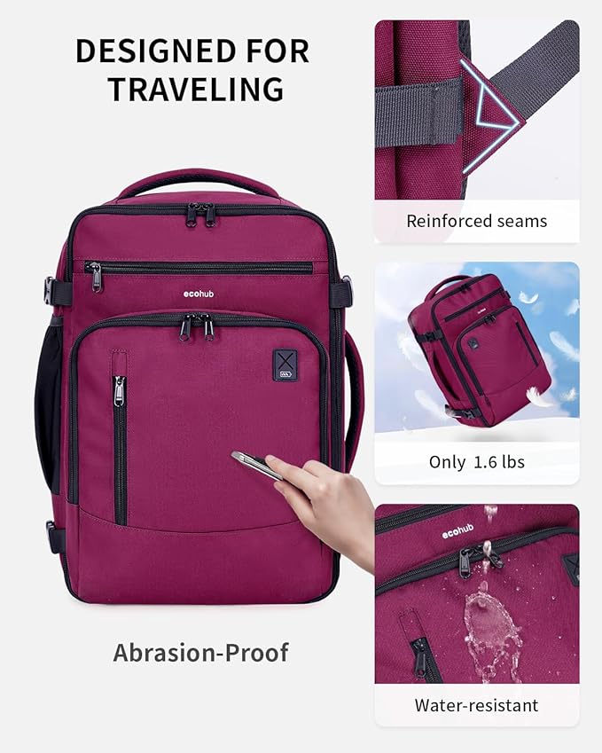 ECOHUB 17" Small Travel Backpack, United Airlines Personal Item Bag 17x10x9 with 16 Pockets, Water Resistant Rucksacks Fit 15.6" Laptop, AirTag Pocket, Lightweight Casual Daypack, 25L, Red