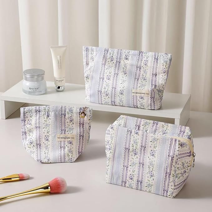 HAPPYHEIDI Makeup Bag Set, Cute Purse Pouch, Purple Floral Cotton, 2-Piece, Zipper Closure, Lightweight