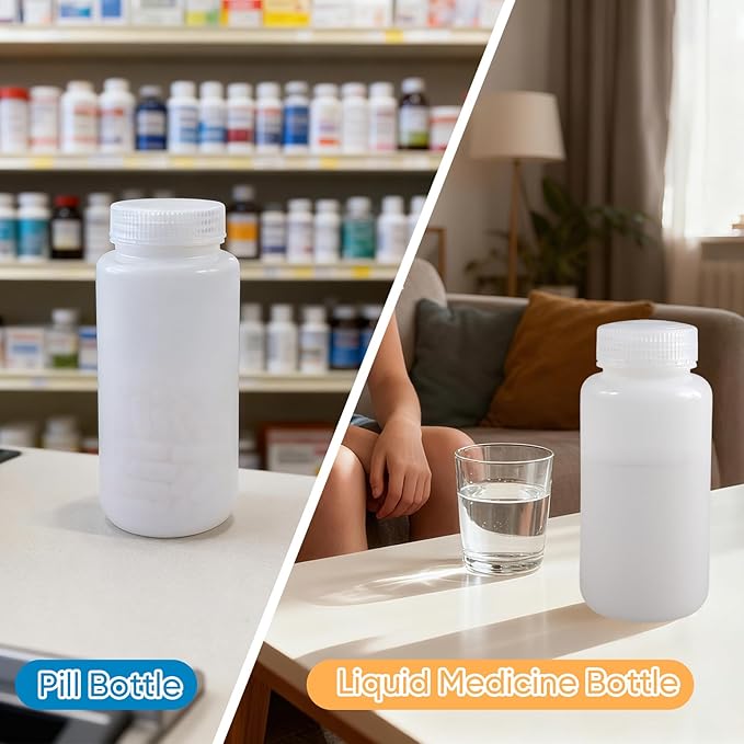 DEMORA 16 oz Plastic Bottles with Lids, Airtight Refillable Wide Mouth Travel Bottles for Toiletries, HDPE Food Grade Plastic Containers for Liquids Pill Water Sample Lab Reagent (Translucent, 2 Pcs)