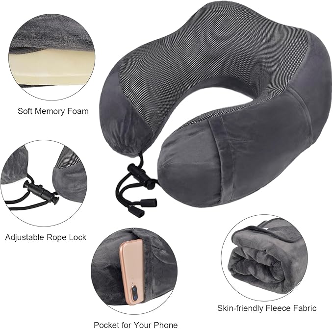 Nerien Travel Blanket and Pillow Set - Travel Neck Pillow & Blanket for Airplane, Thick Fleece Blankets Campact with Bag, Memory Foam Neck Pillows, Sleep Mask, Earplugs for Plane Traveling, Dark Grey