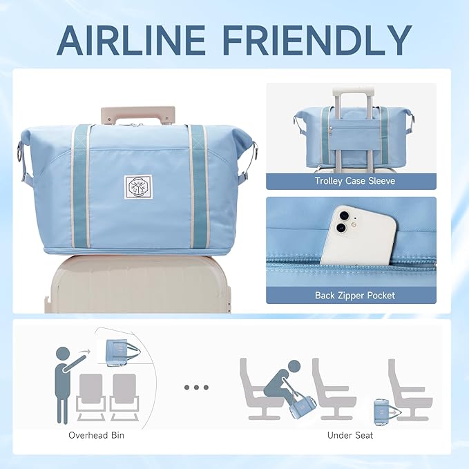 WALNEW Travel Duffel Bag, Weekender Overnight Carry On Bag for Women Men, Foldable Waterproof Gym Luggage with Metal Buckle Detachable Shoulder Strap and Wet Compartment (Light Blue)