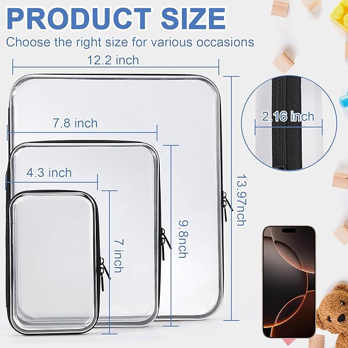 3 Pack Clear Hard Shell Zipper Case, Clear Zipper Pouches Waterproof Makeup Organizer & Travel Toiletry Bag, Plastic Pouch for Travel Office Storage, Black 3 Pack XLLS