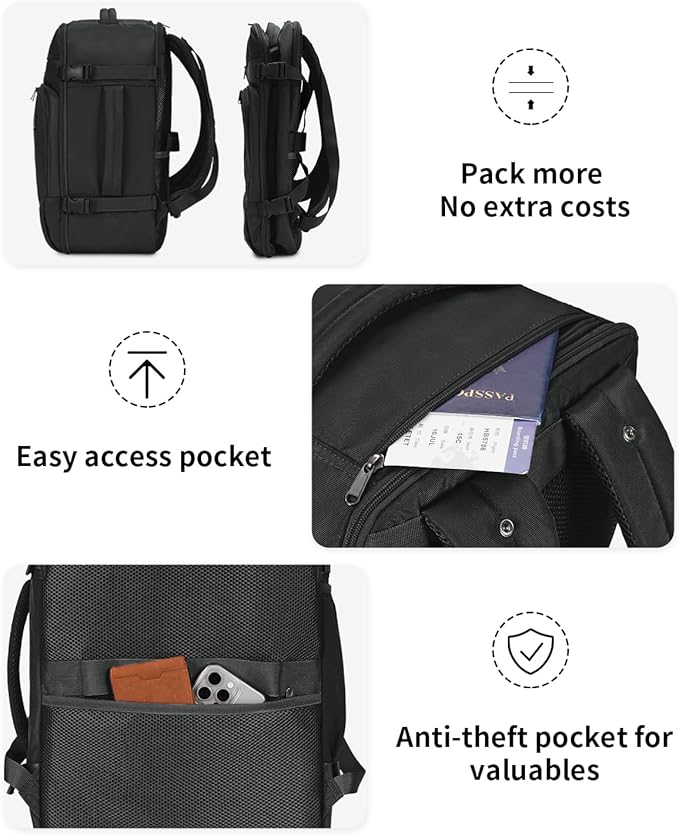 ECOHUB Travel Backpack for Men, 18x14x8 Spirit Airlines Personal Item Bag with Clear Toiletry Bag, Laptop Carry on Backpack with USB Port, Airline Approved Under Seat 14 Pockets 30L, Black