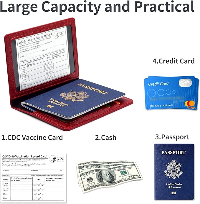 Passport Holder Cover Wallet Case RFID Blocking Leather Card Slot Travel Accessories Documents Organizer Protector for Women Men, Wine Red