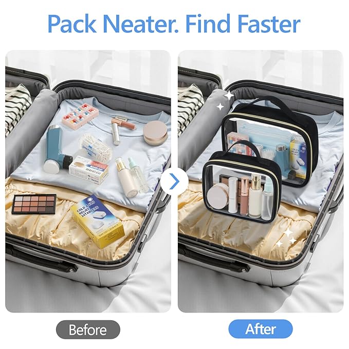 PACKISM Clear Makeup Bag Combo Pack, 1 TSA Approved Medium & Large for Checked Luggage, Clear Toiletry Bag with Handle, Water-resistant Travel Essentials Organizer, Black