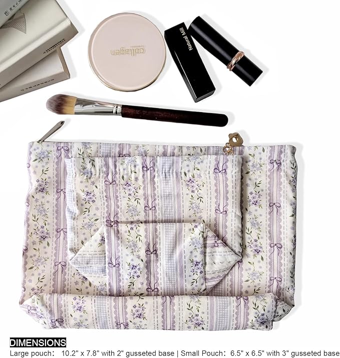 HAPPYHEIDI Makeup Bag Set, Cute Purse Pouch, Purple Floral Cotton, 2-Piece, Zipper Closure, Lightweight