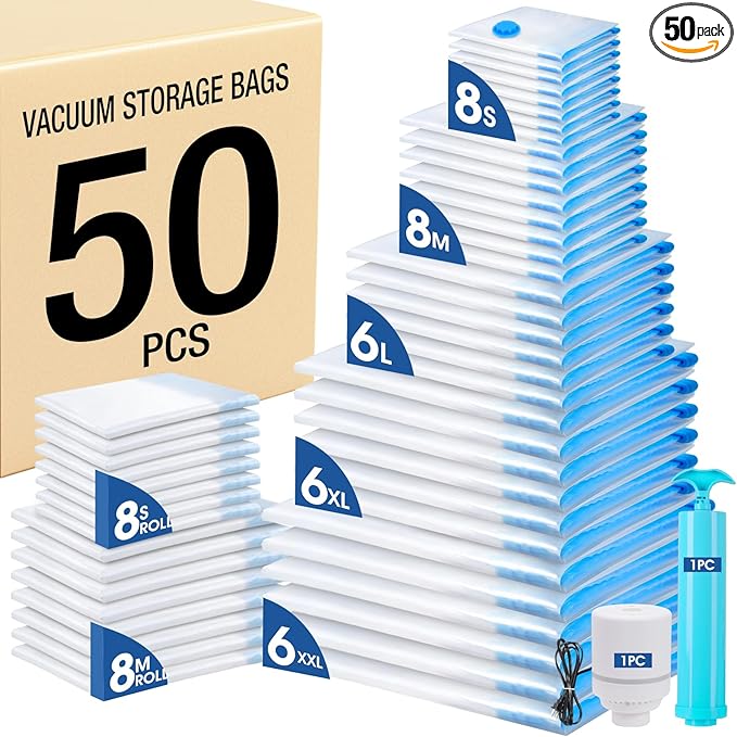 AROIC 50 Pack Vacuum Storage Bags, 5 Sizes + 2 Roll-up (8 Each) Space Saver Vacuum Sealer Bags for Clothing with 1 Electric Pump and 1 Hand Pump, Seasonal Storage Bags for Luggage, Travel Essentials
