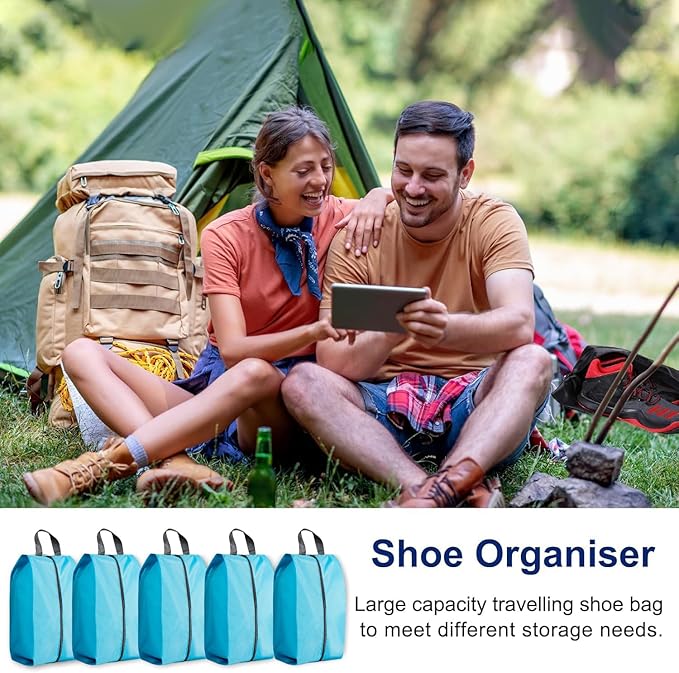 5Pcs Large Travel Shoe Bags Portable Travel Gifts Shoe Organizer with Zipper Closure, Waterproof Nylon Shoe Storage Organizer with Handle Travel Bags For Men and Women, Blue