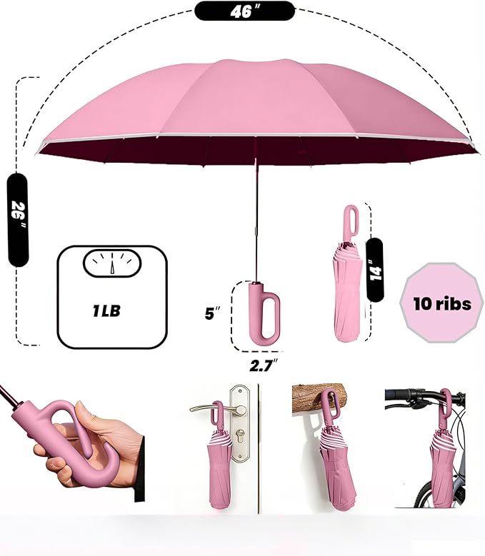 SIEPASA Travel Umbrella with Carabiner Handle - Windproof 10 Ribs Auto Open/Close for Rain & Sun Protection, Compact Portable Clip-on Backpack Design with Safety Reflective Strip.