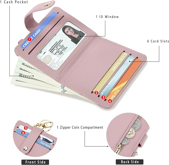 Airkit Small Wallets Woman RFID Blocking Leather Credit Card Holder - with ID Window - Card Wallets for Women - with Zipper Coin Purse - Keychain Wallet