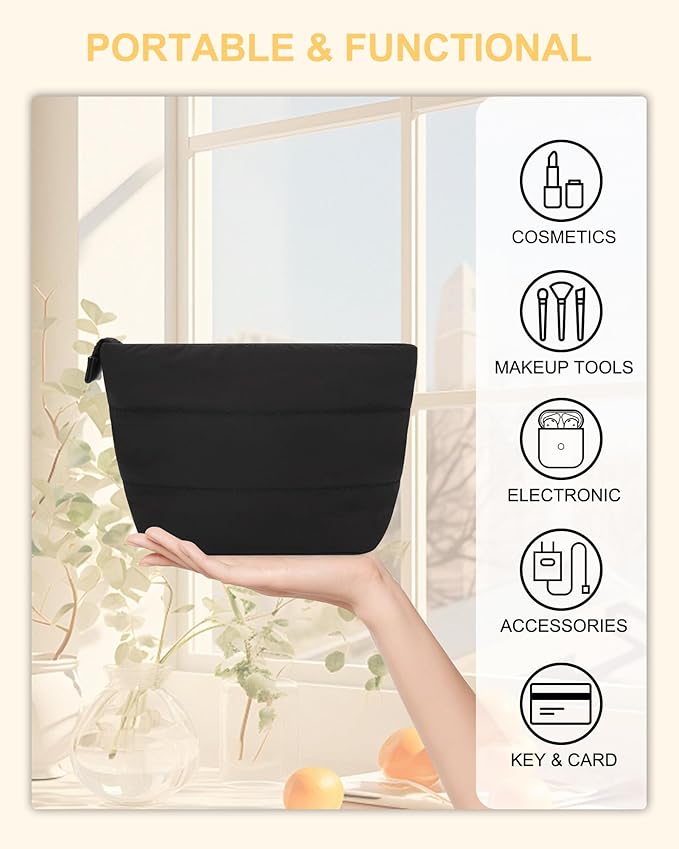 Relavel Mini Makeup Bag, Smaller Cosmetic Pouch for Women, Portable Traveling Car Bag for Essentials with Compartments, Cute Toiletry Bag Organizer, Black