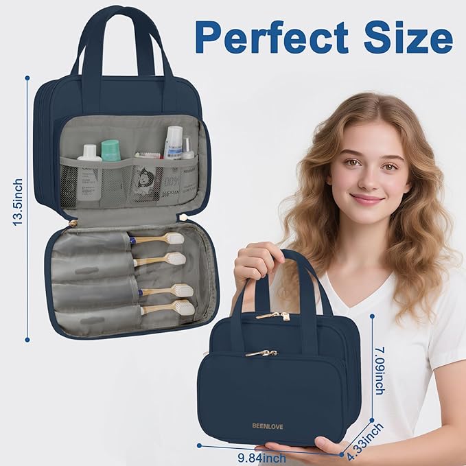 Travel Toiletry Bag, Water-resistant PU Leather Makeup Bag with Multiple Compartments, Large Capacity Makeup Organizer Bag with Handle for Accessories, Essentials, Toiletries, Navy Blue