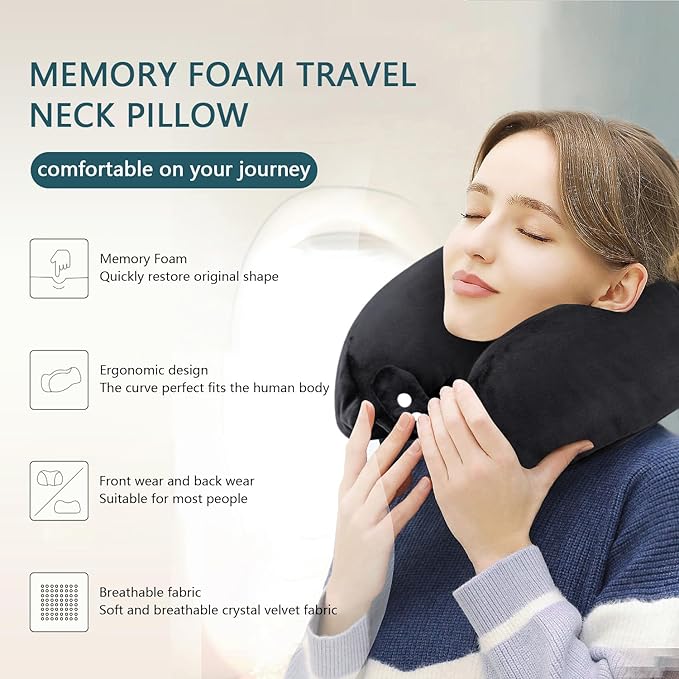 Neck Pillow Airplane Memory Foam Neck Pillow with Velvet Cover Soft Airplane Pillow for Sleeping Neck Support Travel Pillows for Adults Train Bus Office Home Black