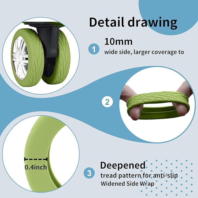10Pcs Luggage Wheel Covers Silicone Silent Suitcase Protector for Luggage or Office Chair Caste Upgraded Wear-Resistant Anti-Noise Shock Absorption Suitcase Wheel Covers Accessories for Travel Green
