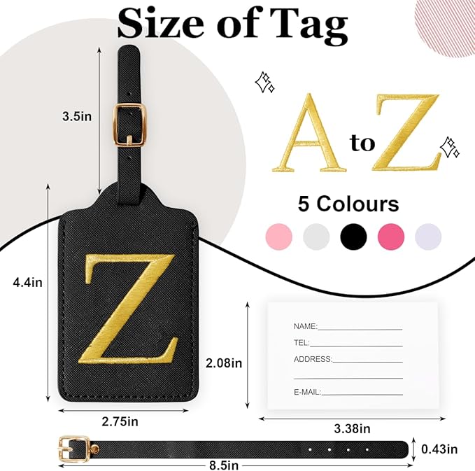 Personalized Initial Luggage Tags for Suitcases,Leather Letter Cute Luggage Tags with Privacy Name Card,Embroidered Monogrammed Travel Bag Backpack Tag Gifts for Women Kids Girls Teens(Black-Z)