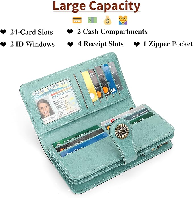 SENDEFN Wallets for Women Leather Credit Card Holder with RFID Blocking Large Capacity Wristlet | with RFID Blocking, Large Capacity, Wristlet, with RFID Blocking, Large Capacity, Wristlet