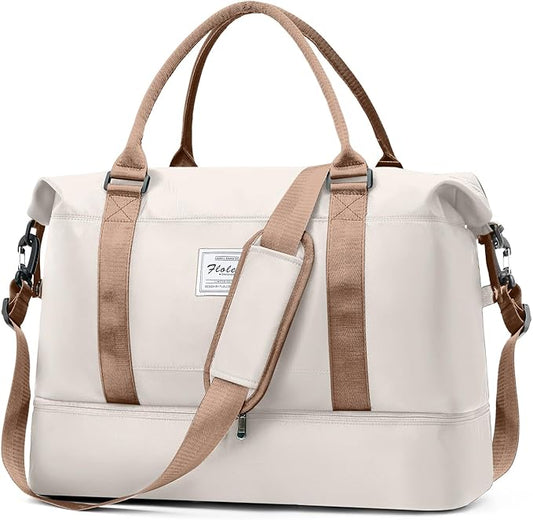 Weekender Bags for Women, Travel Duffel Bags with Shoe Compartment,Personal Item Travel Bag for Airlines, Carry on Overnight Tote Bag for Women，Beige&Brown