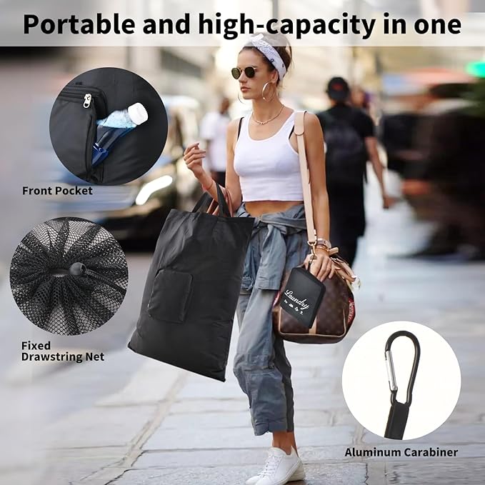 Travel Laundry Bags, 2Pcs JHX Foldable Dirty Clothes Bag 【Upgraded】 with Fixed Drawstring Net, Handles and Carabiner, Portable Laundry Bags for Travel and Fitness (Black+Grey) 30"H x 21"W