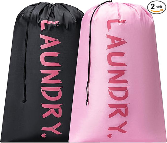 2 Pack XL Travel Laundry Bag, Machine Washable Dirty Clothes Organizer with Drawstring,Large Enough to Hold 4 Loads of Laundry, Easy Fit a Laundry Hamper or Basket Travel Essentials 24" x 36"